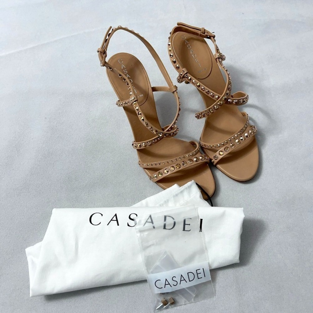Casadei Heels 9 B Tan Strappy Sandals Stud Crystals Never Worn